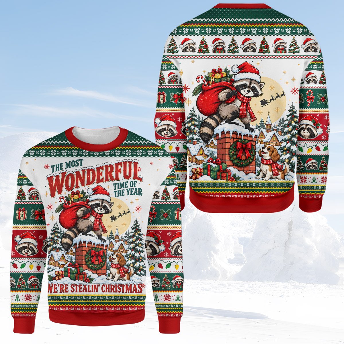 Close up back view of the white ugly christmas sweater with tree and lights details
