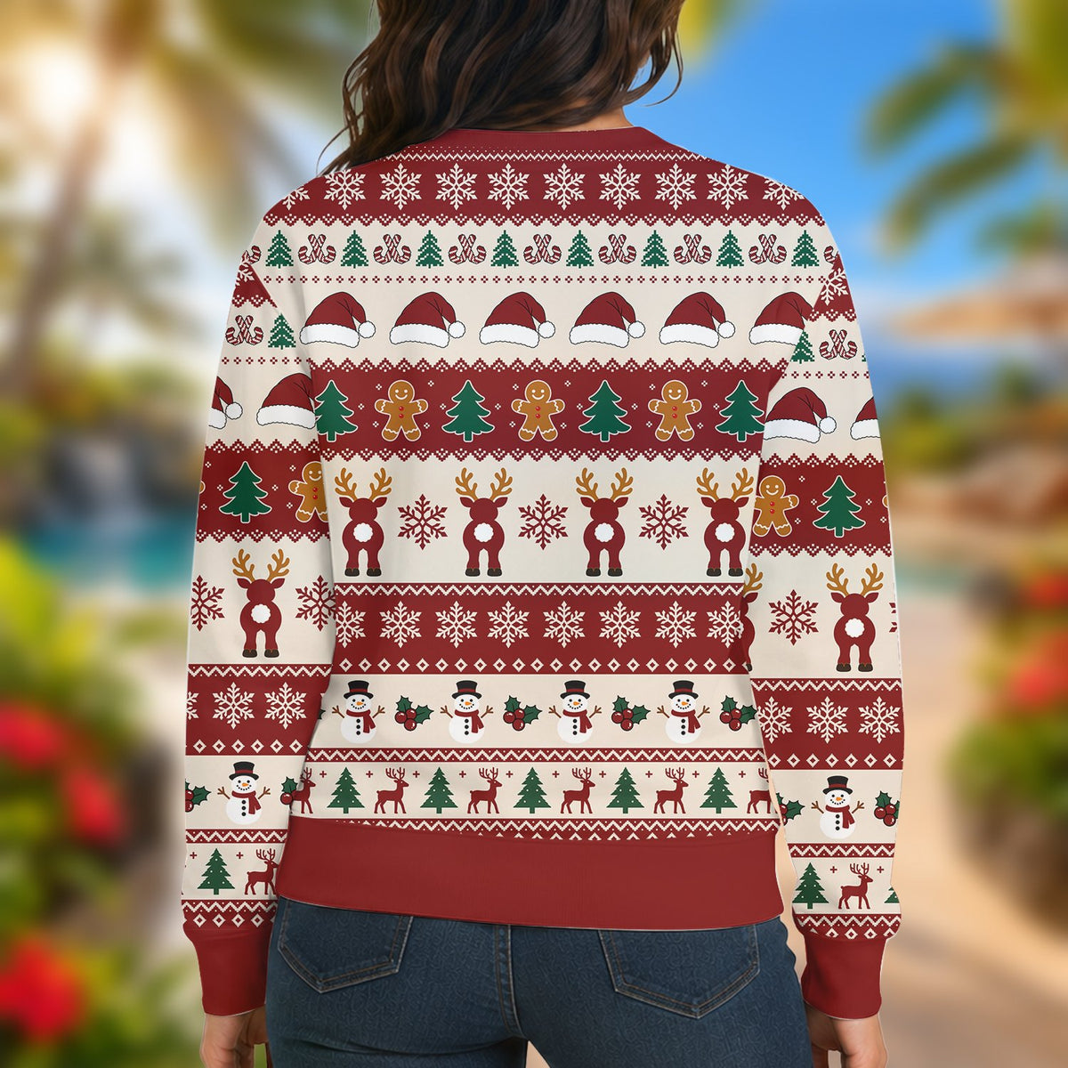 Detailed back view of the holiday ugly sweater