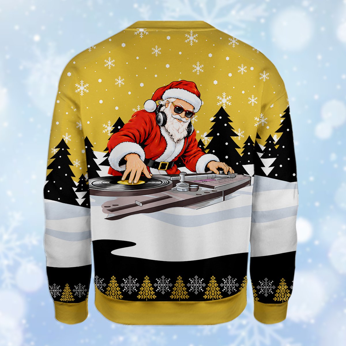 Detailed back view of the holiday ugly sweater showing the snowy landscape