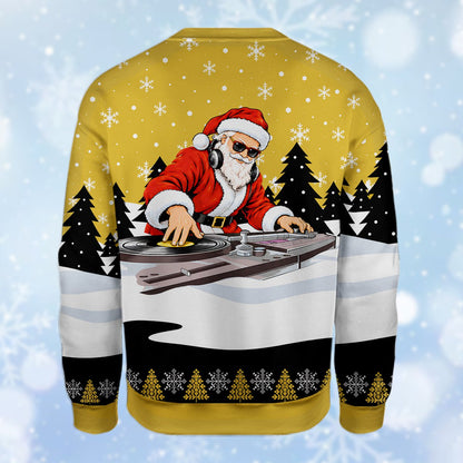 Detailed back view of the holiday ugly sweater showing the snowy landscape