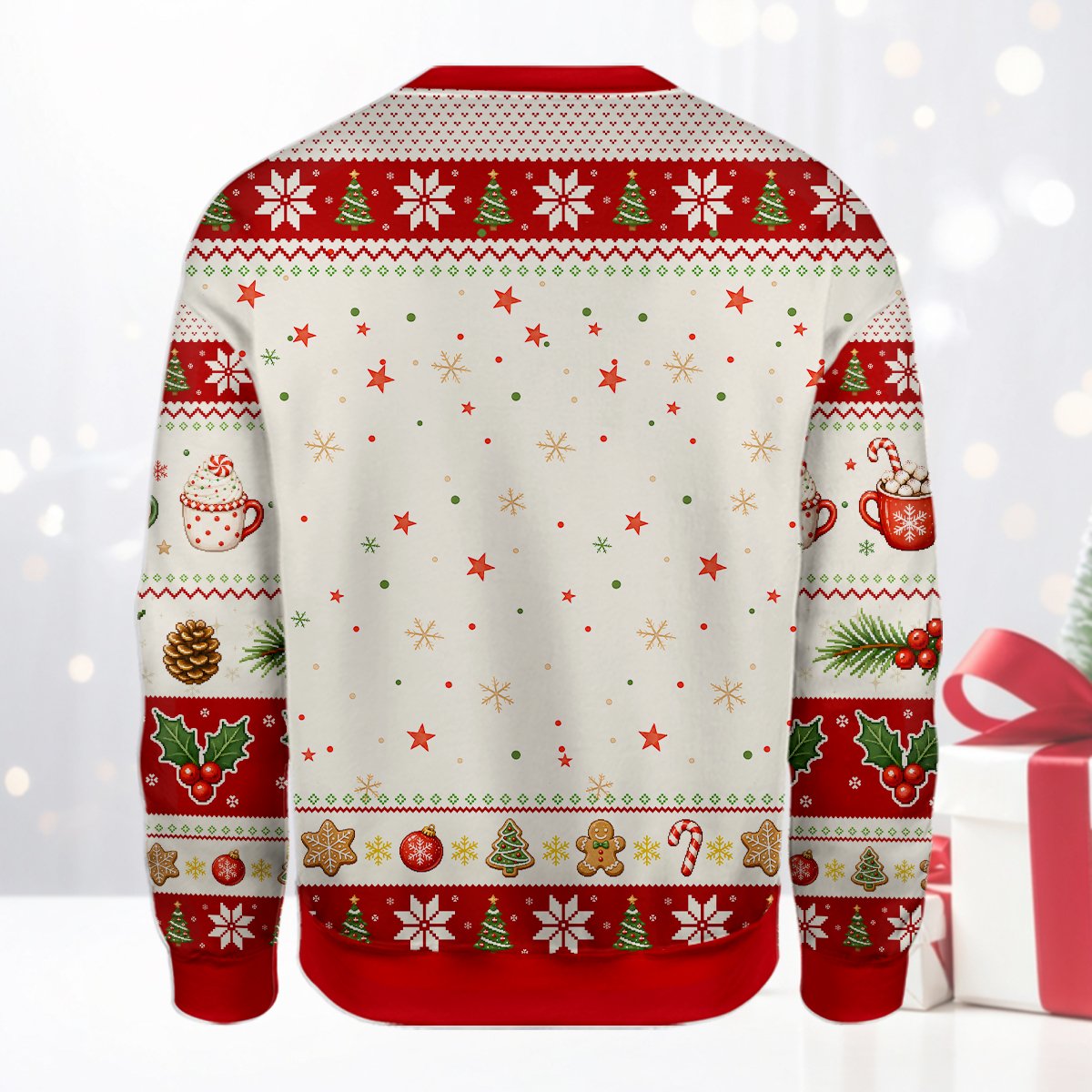 Close up back view of the ugly holiday sweater pattern