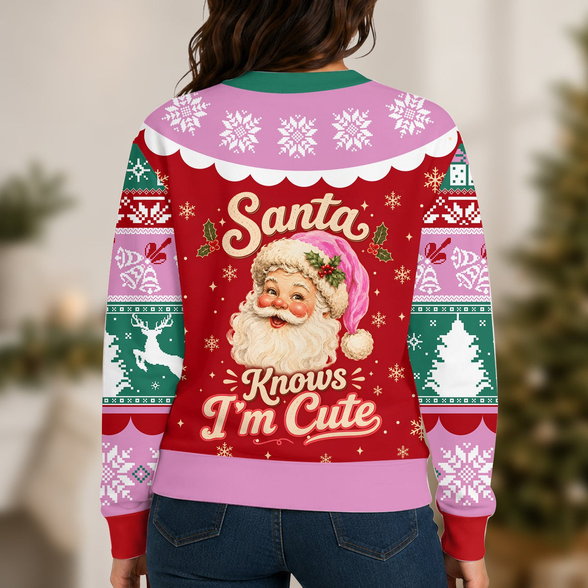 Detailed back view of the holiday ugly sweater