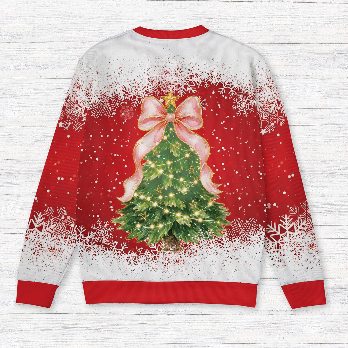Back view of the vibrant red holiday ugly sweater with snowy edge details