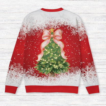 Back view of the vibrant red holiday ugly sweater with snowy edge details