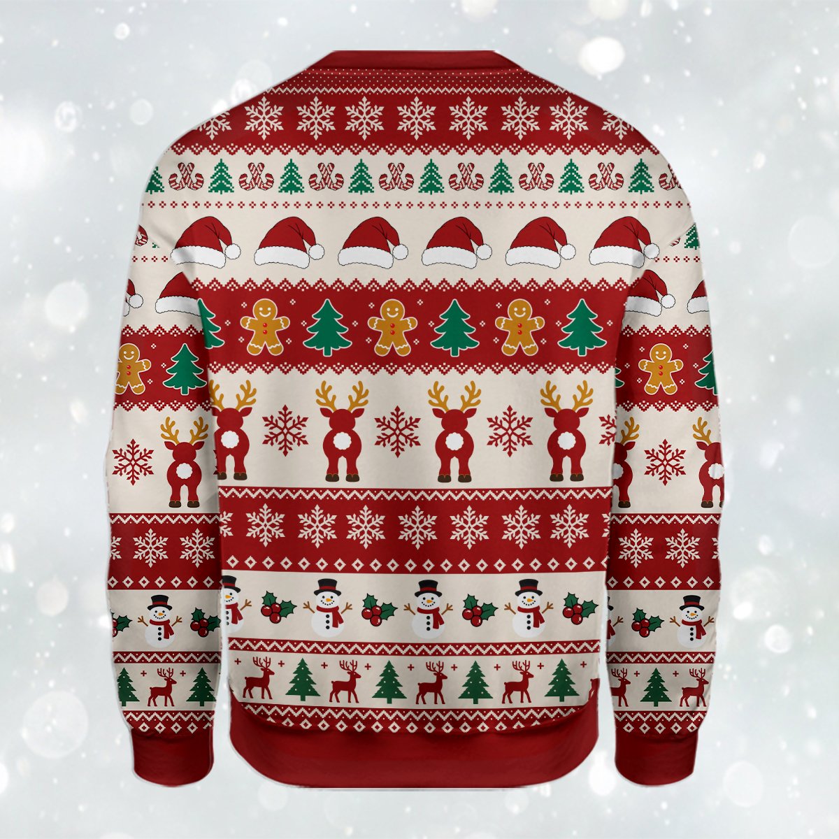 Angled back view of the christmas ugly sweater