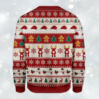 Angled back view of the christmas ugly sweater