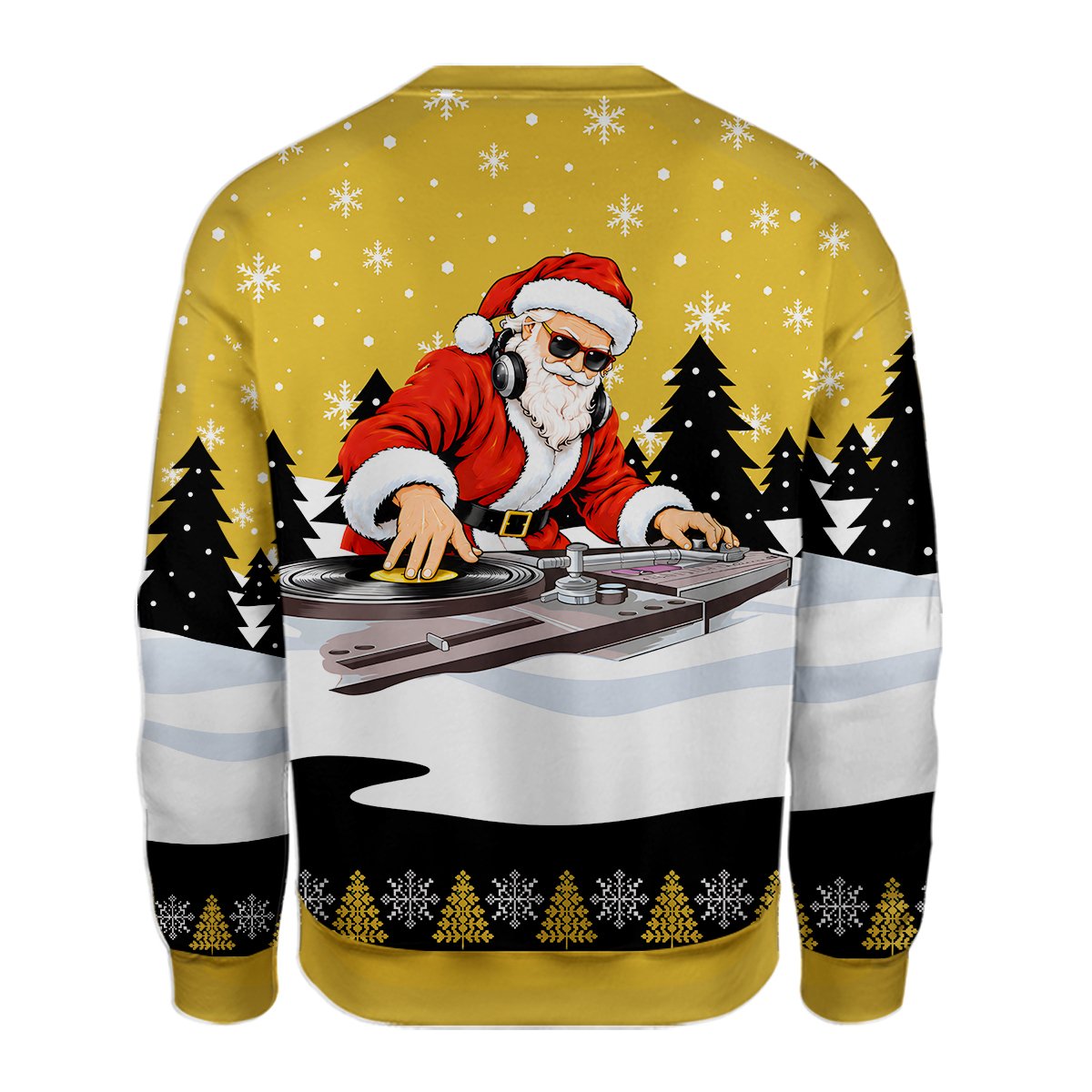 Close up of the back of the ugly holiday sweater with pine trees silhouette