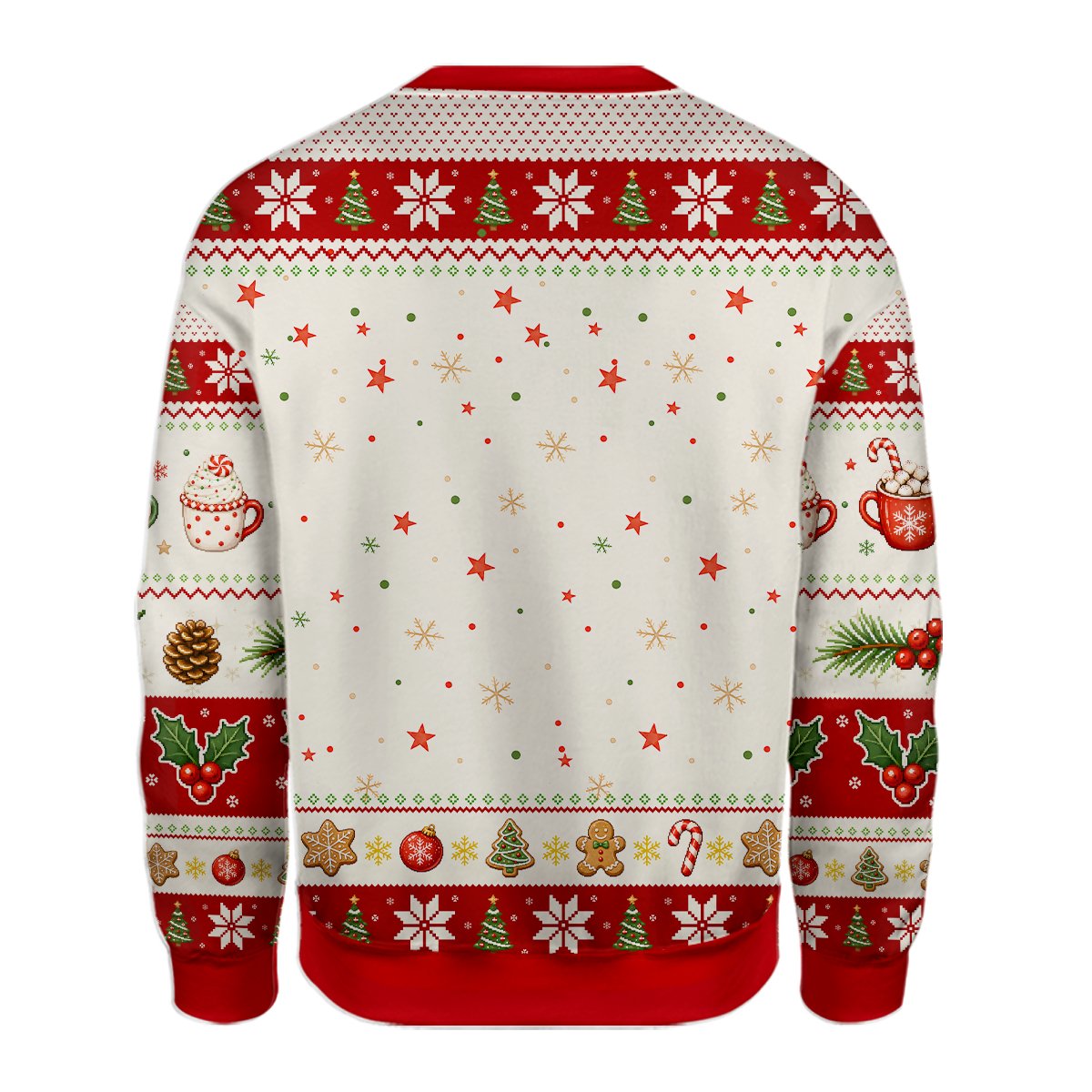 Detailed back view showing the gingerbread and cocoa design