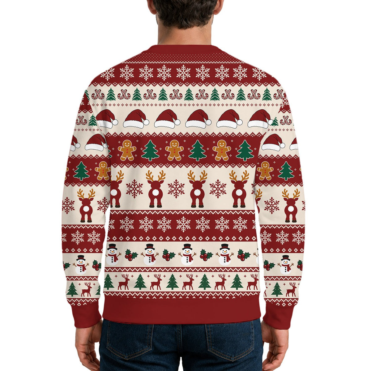 Close up on the back pattern of the holiday ugly sweater