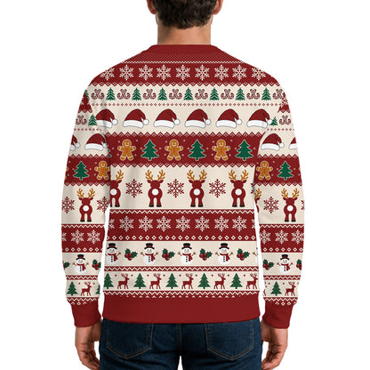Close up on the back pattern of the holiday ugly sweater