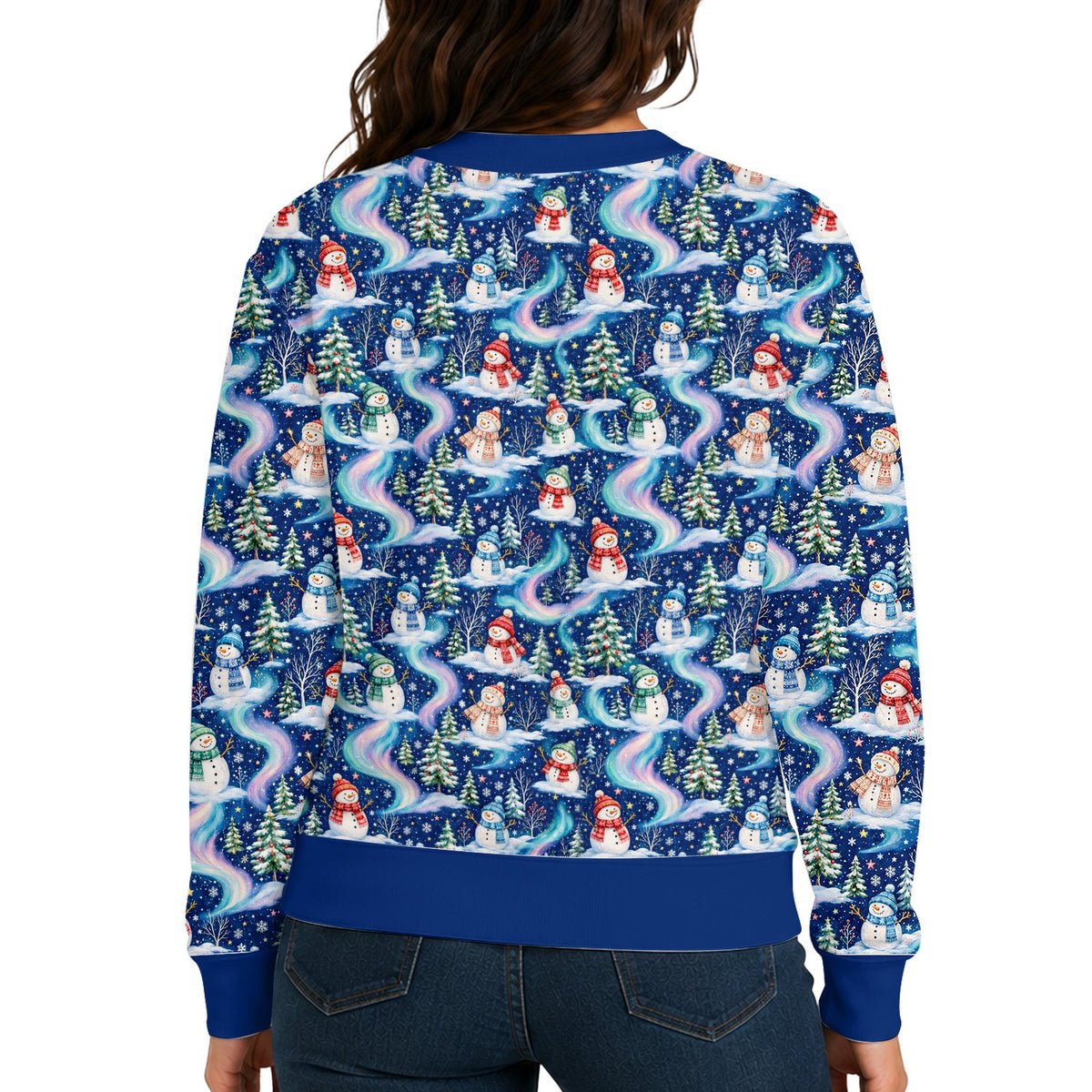 Detailed back view of the all-over snowman and pine tree pattern