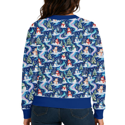 Detailed back view of the all-over snowman and pine tree pattern