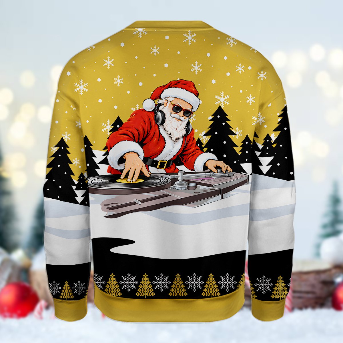 Alternate back view of the DJ Santa yellow ugly christmas sweater