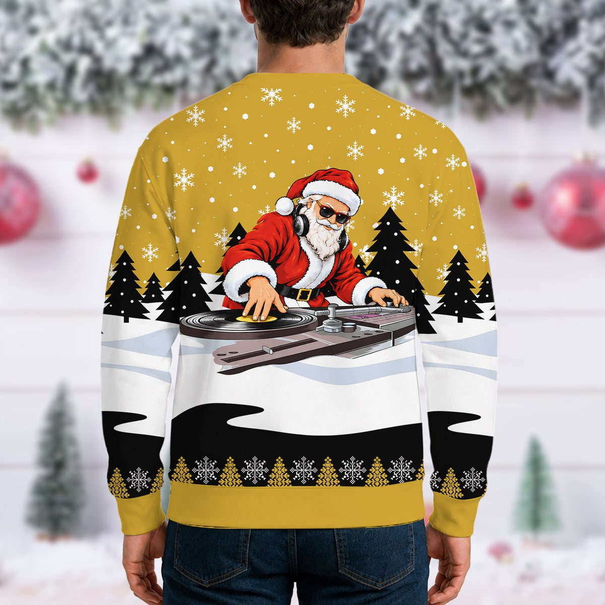 Back angle view of the holiday sweater showing the gold-yellow background