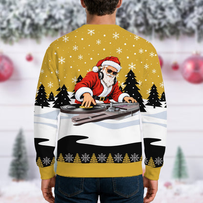 Back angle view of the holiday sweater showing the gold-yellow background
