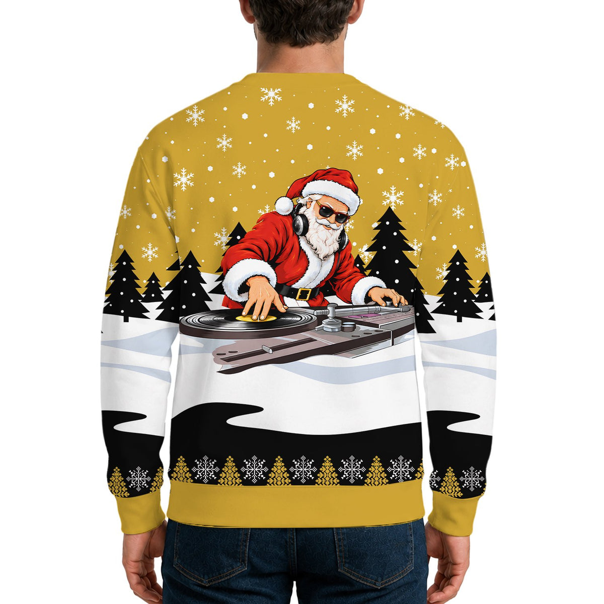 Final back view of the festive DJ Santa sweater showing the bottom hem pattern