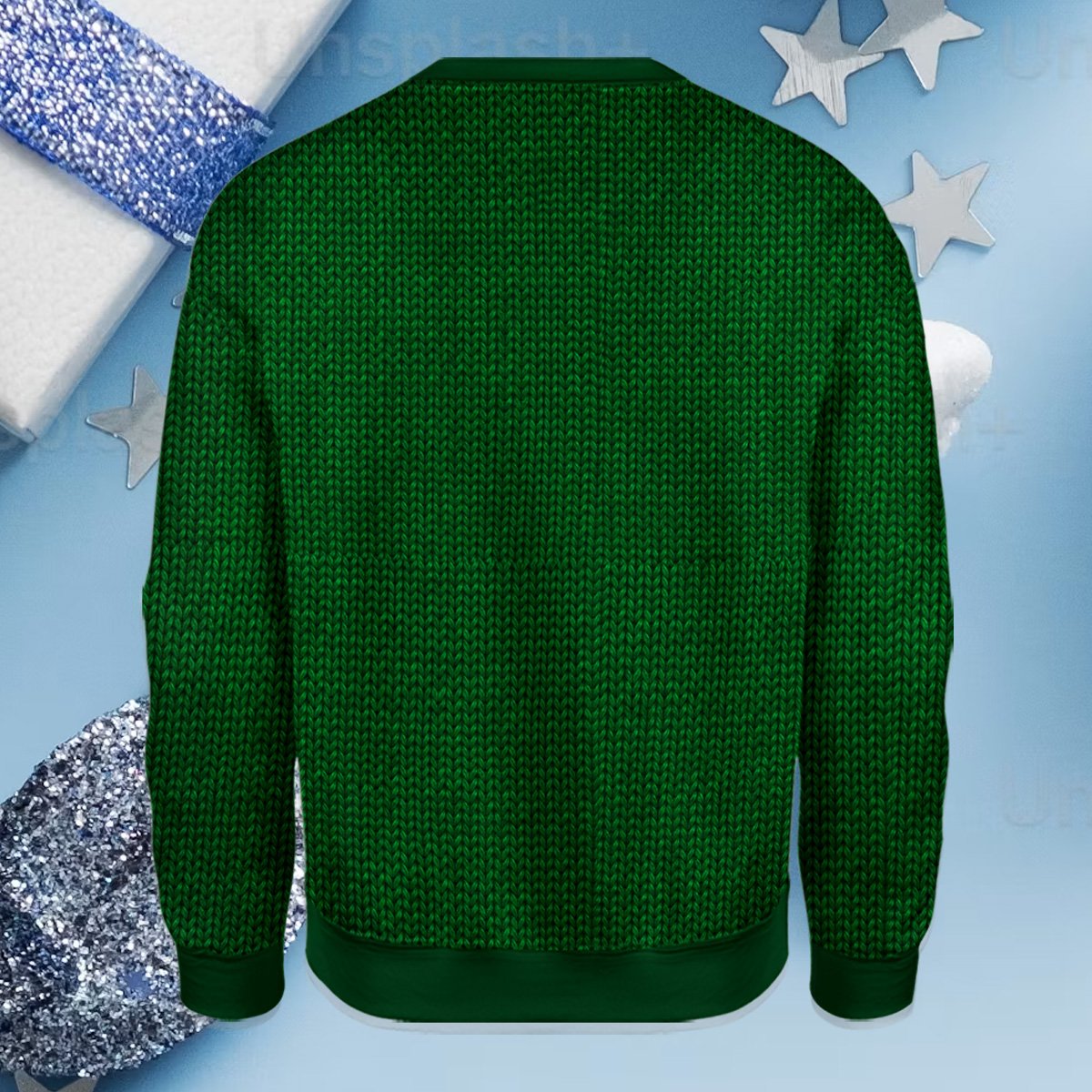 Back view of the holiday ugly sweater featuring green knitted texture print