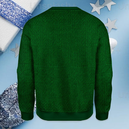 Back view of the holiday ugly sweater featuring green knitted texture print