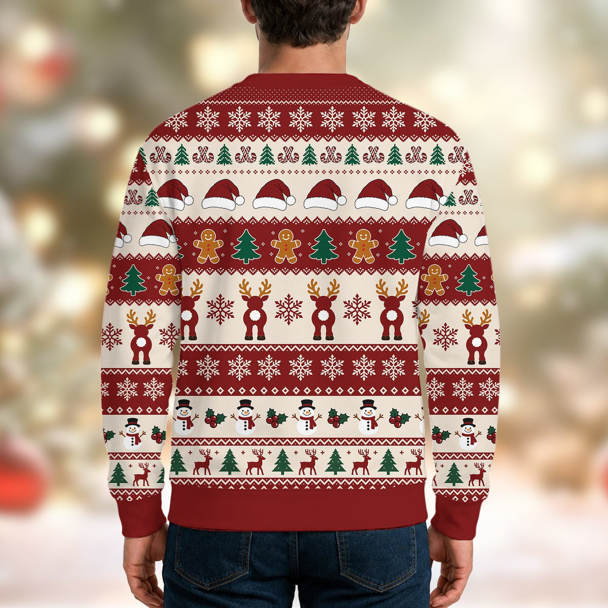 Back view of the red christmas ugly sweater with fair isle pattern