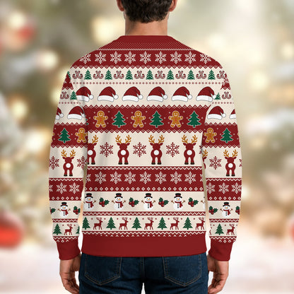 Back view of the red christmas ugly sweater with fair isle pattern
