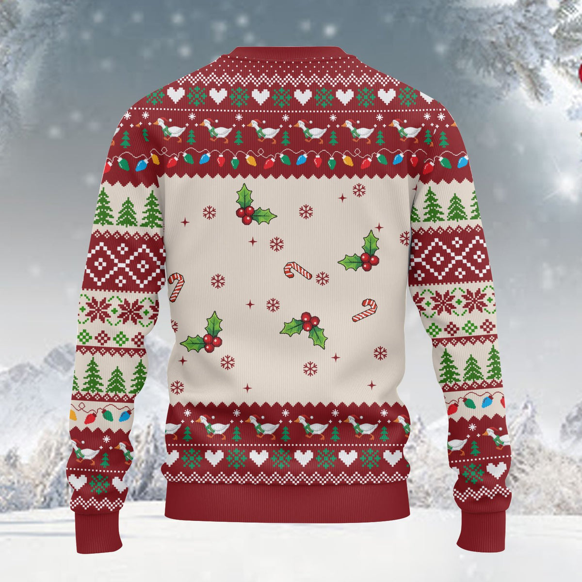 Back view of the holiday ugly sweater featuring holly and snowflakes