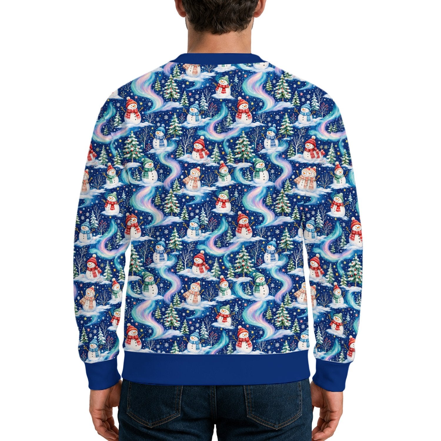 Back view of the navy ugly christmas sweater with continuous wintery landscape