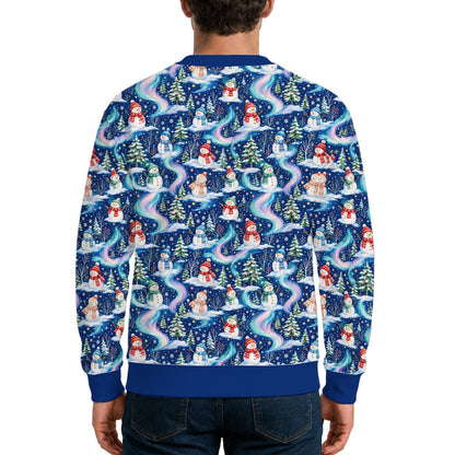 Back view of the navy ugly christmas sweater with continuous wintery landscape