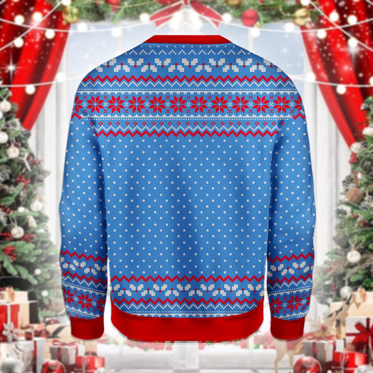 Back view of multicolor dabbing Santa ugly holiday sweater