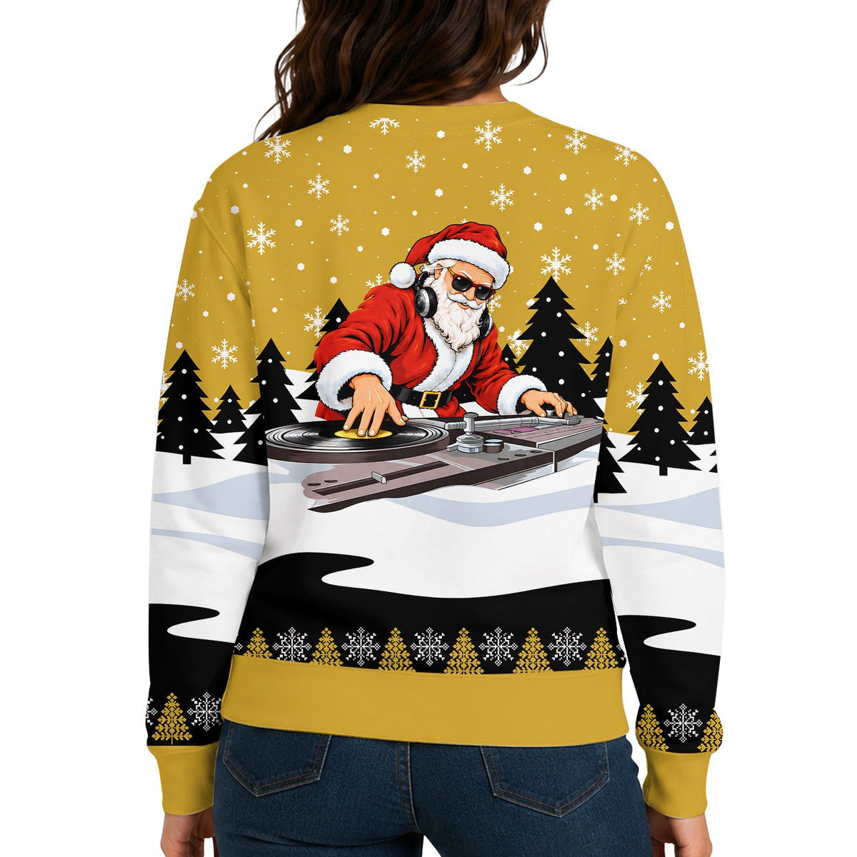 Back view of the yellow ugly christmas sweater featuring DJ Santa scene without text