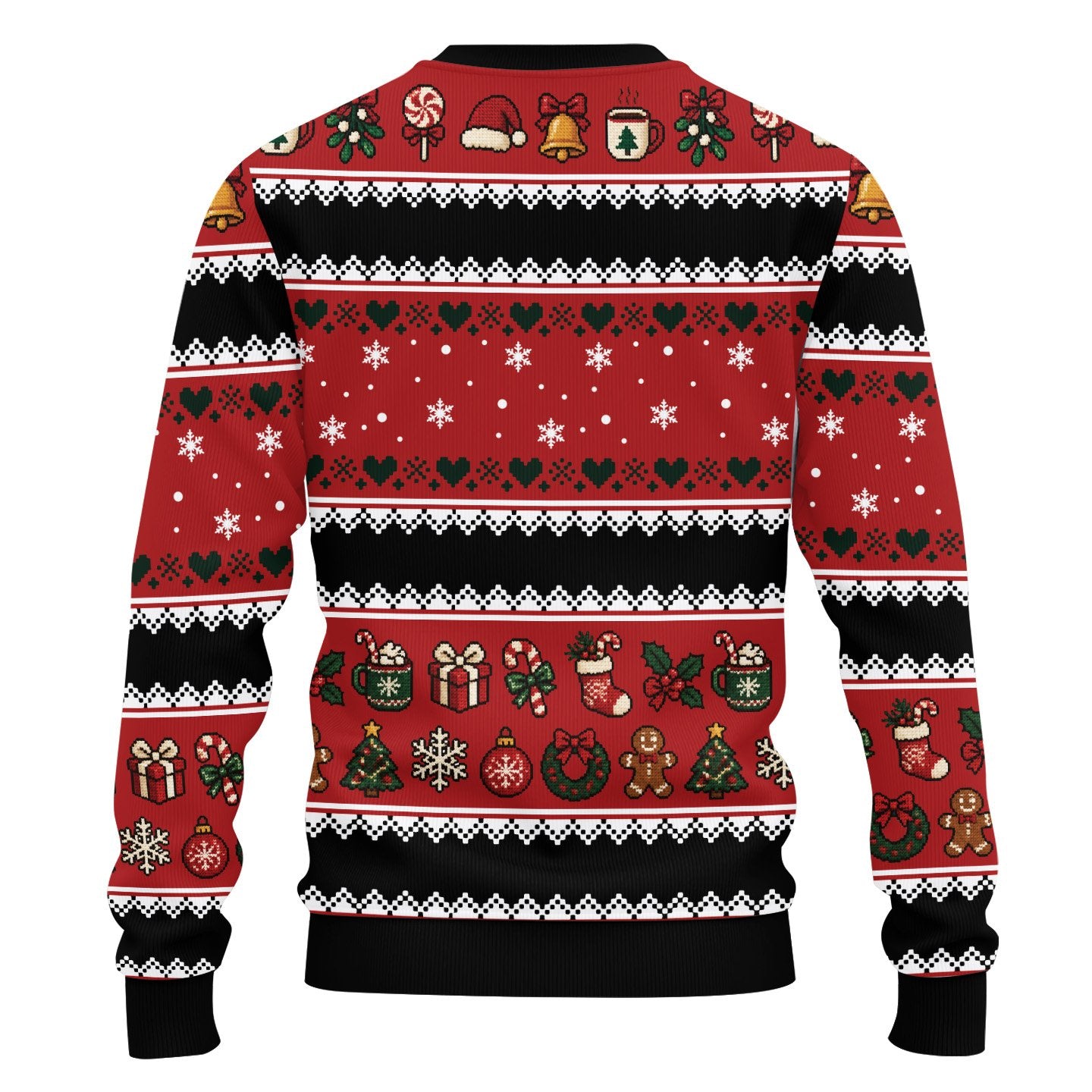 Back view of the multicolor and red ugly christmas sweater