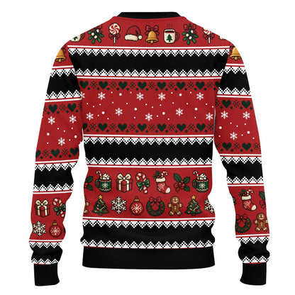 Back view of the multicolor and red ugly christmas sweater
