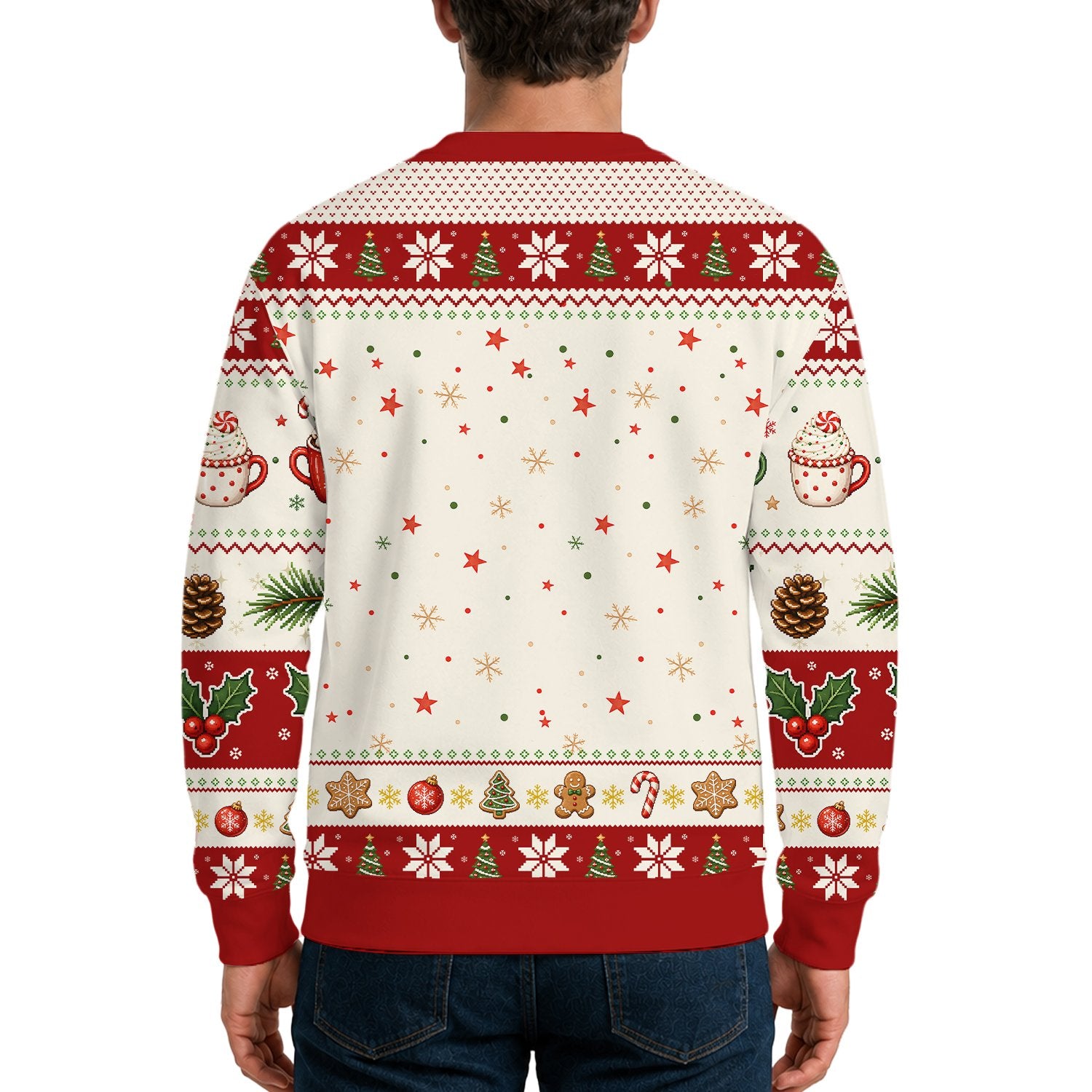 Back view of the Snow Much Cocoa holiday ugly sweater
