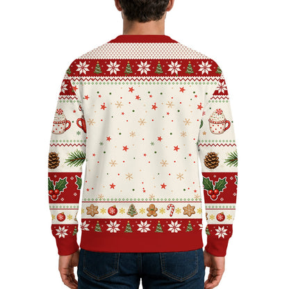 Back view of the Snow Much Cocoa holiday ugly sweater