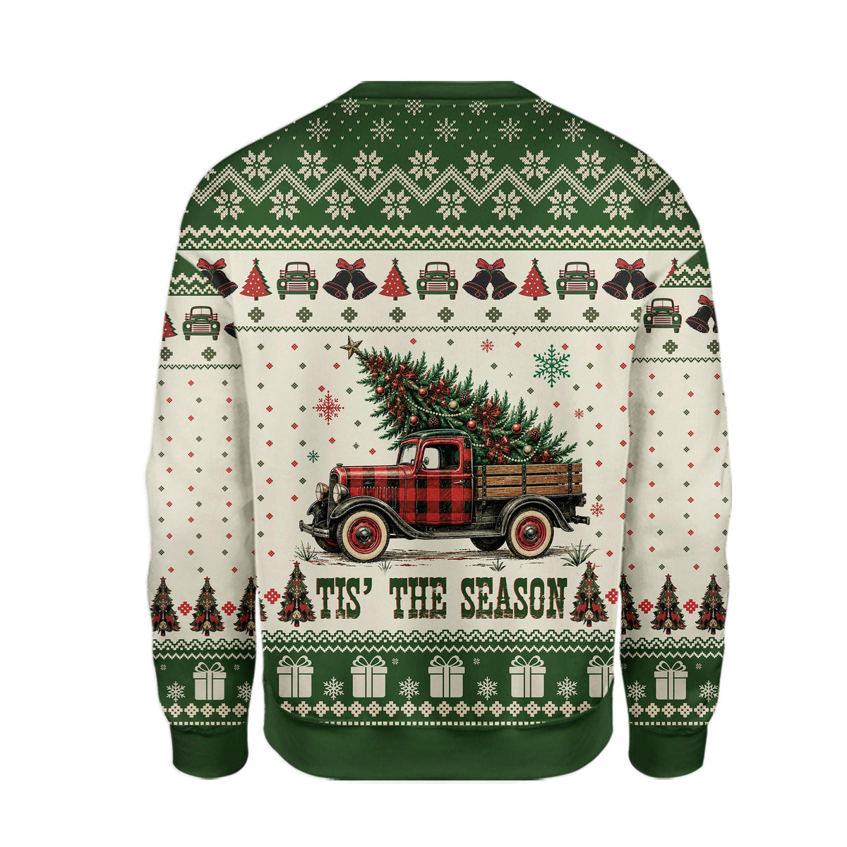 Beige Christmas ugly sweater featuring a vintage red truck carrying a Christmas tree, back view