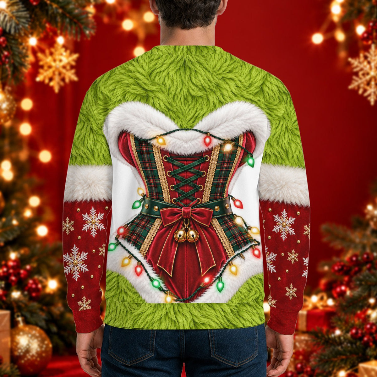Back view of the corset illusion green christmas ugly sweater