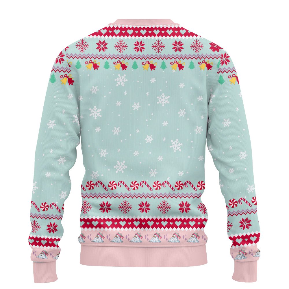 Back view of the melting snowman ugly holiday sweater with pastel green and pink holiday patterns