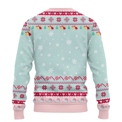 Back view of the melting snowman ugly holiday sweater with pastel green and pink holiday patterns
