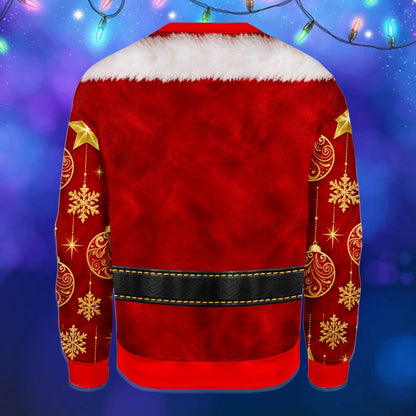 Back view of the Christmas ugly sweater featuring a red textured background with gold ornaments and snowflakes