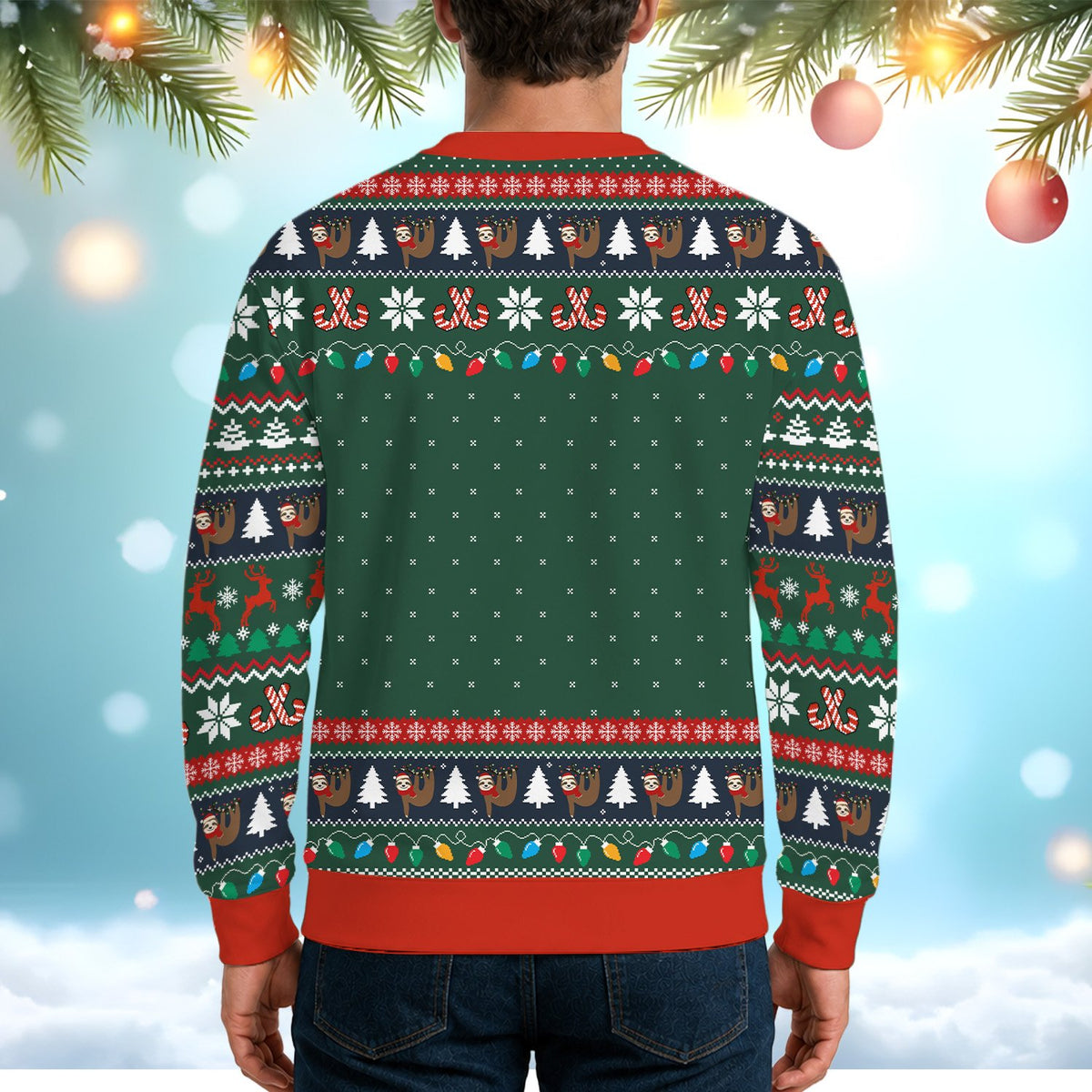 Back view of the multicolor holiday ugly sweater