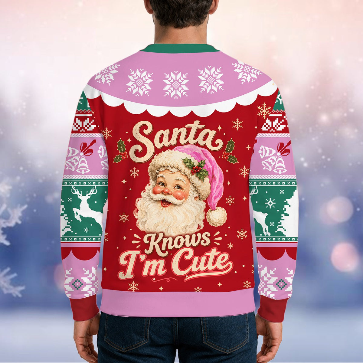 Back view of the red ugly christmas sweater men
