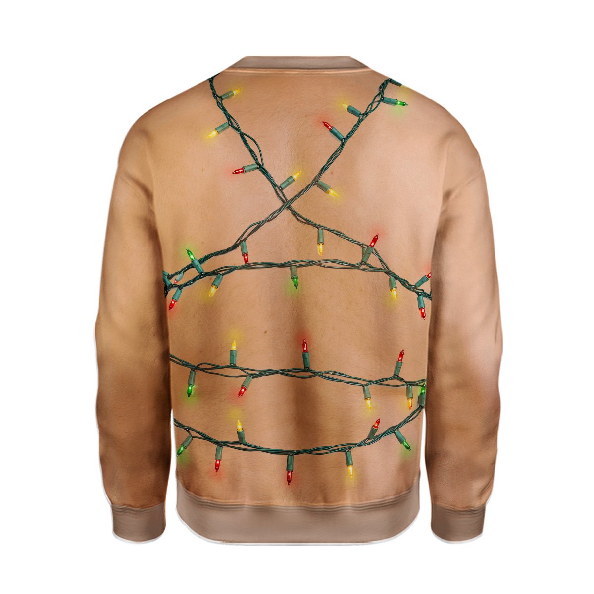 Adult wearing the hilarious hairy chest ugly sweater at a party