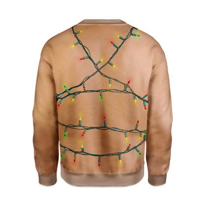 Adult wearing the hilarious hairy chest ugly sweater at a party
