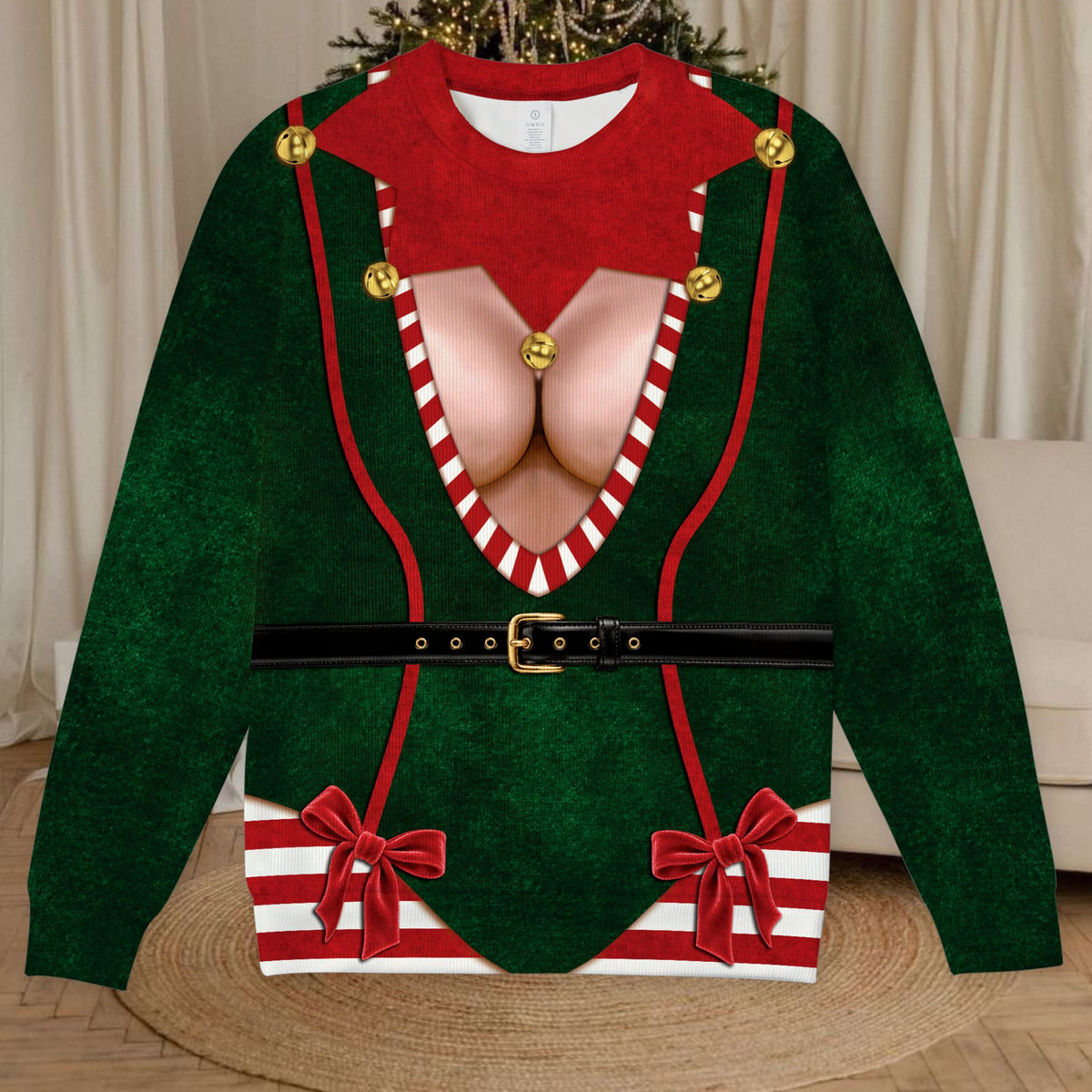 Front view of the printed elf costume ugly christmas sweater