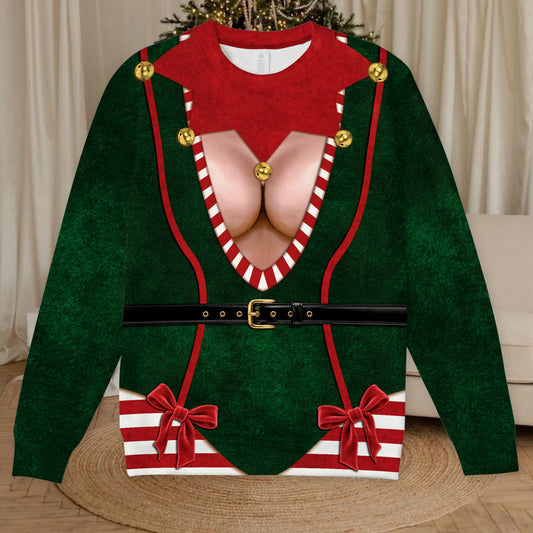 Main view of the green sweater ugly christmas featuring an elf costume illusion