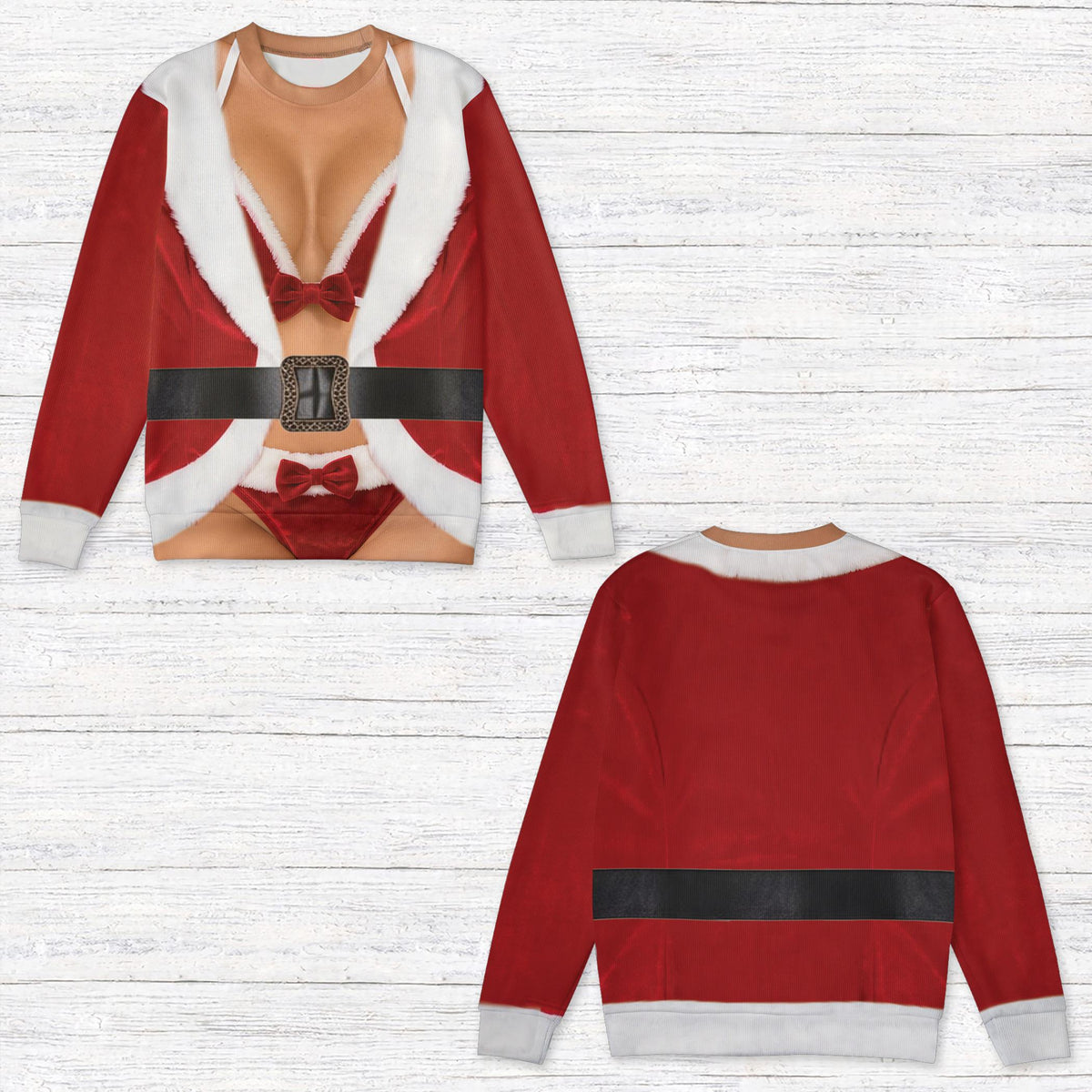 A sexy Mrs. Claus optical illusion printed on a red ugly sweater photo booth ready top.