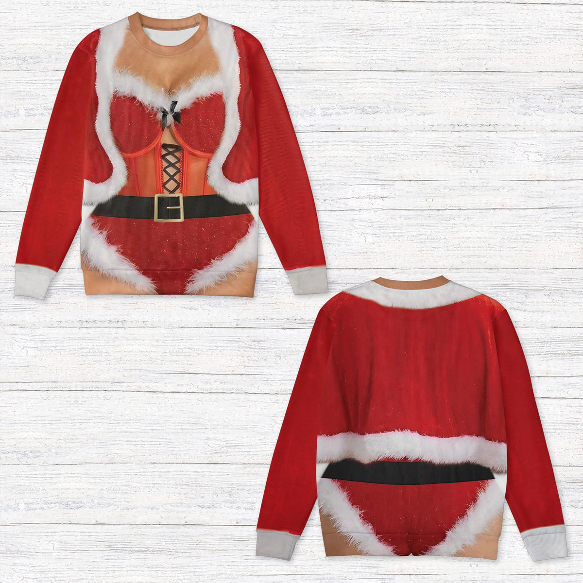 Another variation of the trompe l'oeil sexy Mrs. Claus ugly red christmas sweater.