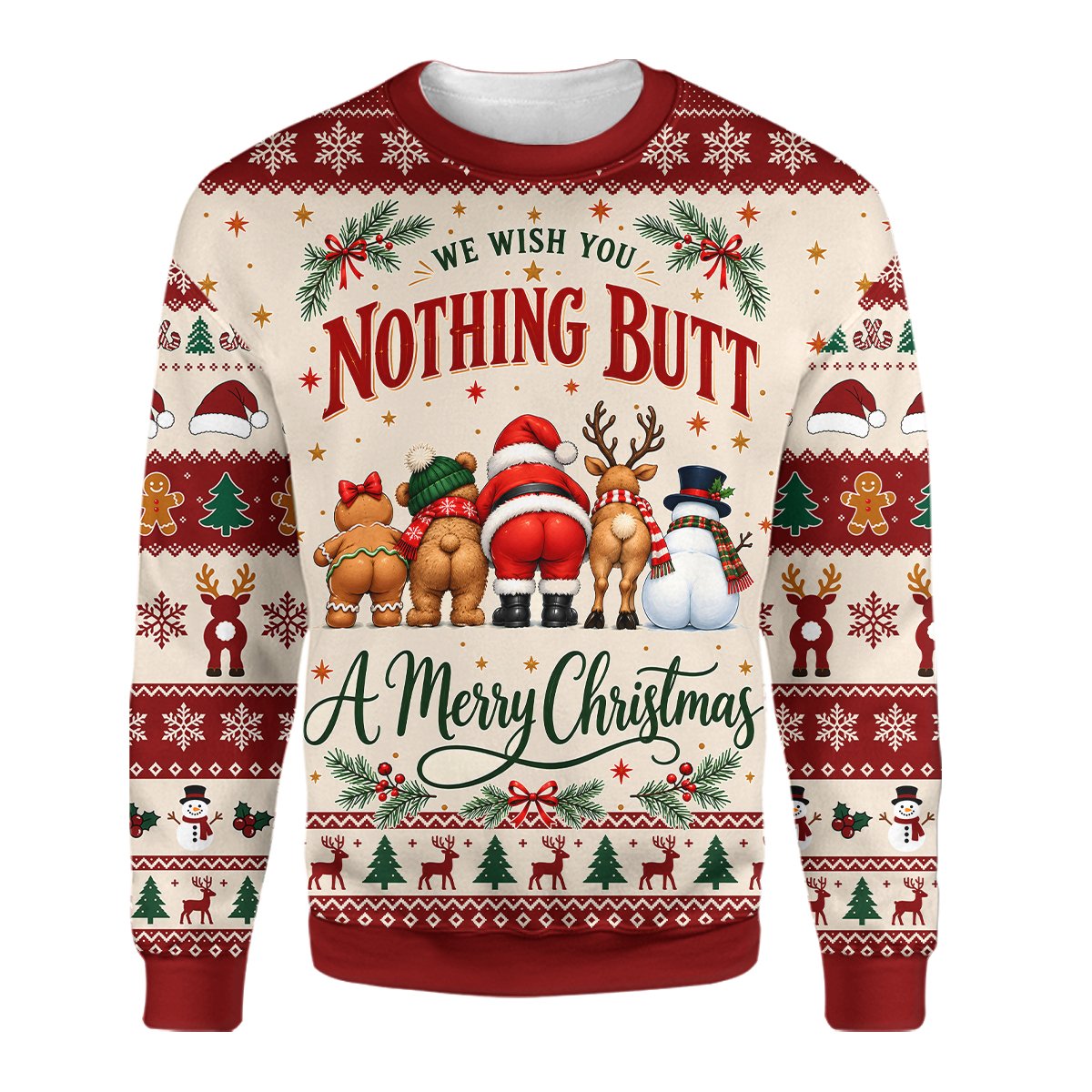Close up of the front design on the funny holiday ugly sweater
