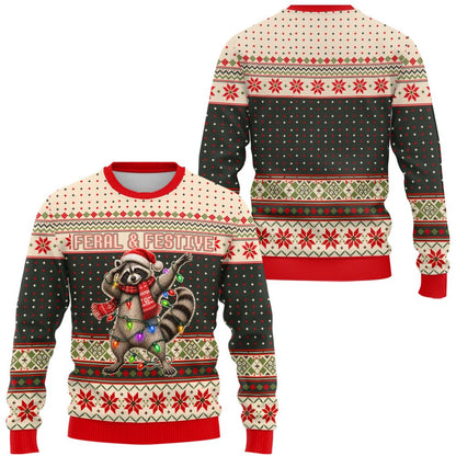 Close up of dabbing raccoon design on the holiday ugly sweater