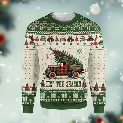Beige Christmas ugly sweater featuring a vintage red truck carrying a Christmas tree, front view alternate