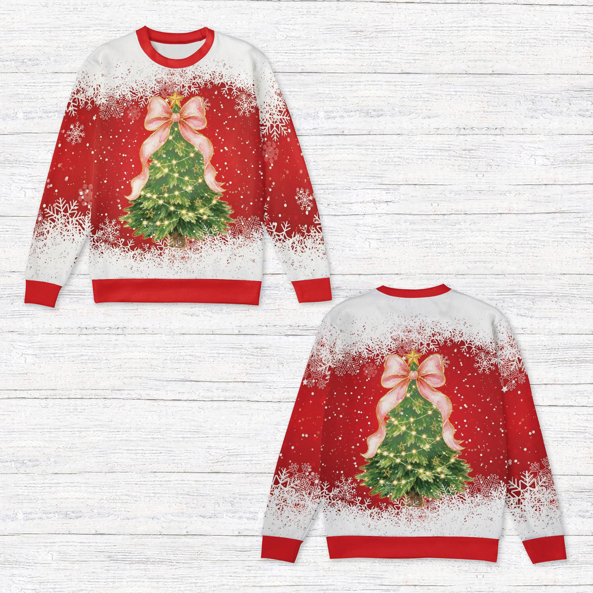 Festive ugly sweater christmas sweater in vibrant red featuring a decorated tree with a pink bow, main view